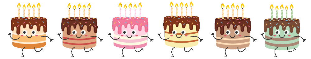 Six cartoon cakes of different colors/flavors happily marching with candles ablaze