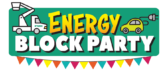 Energy Block Party logo with diamond shaped colorful flags dangling beneath