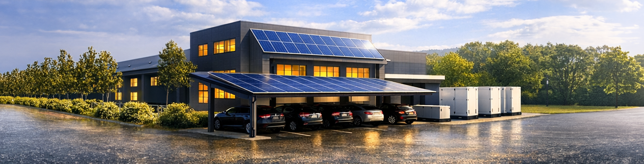 อาคารที่มีแผงโซลาร์เซลล์ซึ่งอาจเป็นทั้งพื้นที่ประกอบธุรกิจและที่พักอาศัยในเช้าวันฤดูร้อนที่อากาศสดชื่น แสงไฟจากอาคารสะท้อนกับพื้นถนนเนื่องจากฝนตกปรอยๆ ในตอนเช้า