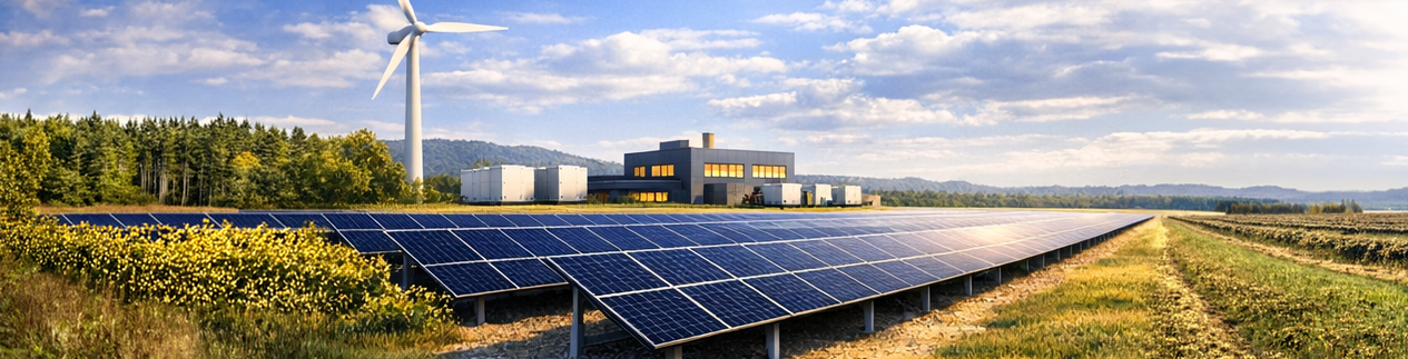 แผงโซลาร์เซลล์ตั้งอยู่ด้านหน้าของภาพ ซึ่งด้านขวาเป็นพื้นที่เพาะปลูก และด้านซ้ายเป็นอาคารอุตสาหกรรมที่มีเครื่องกำเนิดไฟฟ้าและแบตเตอรี่