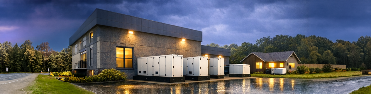 อาคารพาณิชย์ที่สร้างอย่างแข็งแรงและบ้านหลังเล็กๆ มีเครื่องกำเนิดไฟฟ้าไว้จ่ายไฟให้แสงสว่างในวันที่พายุเข้าและมืดมิด