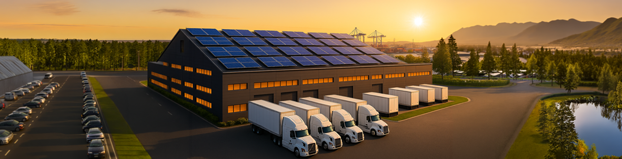 항구와 철도 노선 근처에 위치한 대형 산업 건물로, 지붕에는 태양광 패널이 설치되어 있습니다. 사진 전경에는 대형 트럭들이 하역장에 후진으로 주차되어 있습니다.