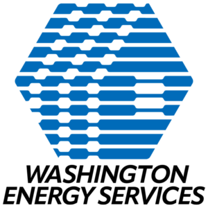 Logo for Washington Energy Services has line art of home in blue
