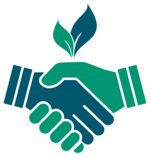 Green and blue, natural colors hands shaking with green and blue leaf flowing above.