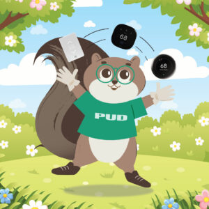 PUD mascot Zap juggles thermostats on a sunny cartoon spring day