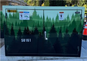 Front view of utility box wrapped with dense forest in layers of green