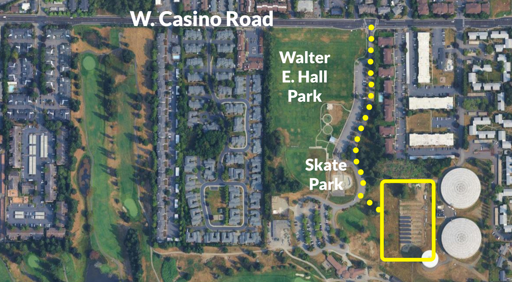 Map showing location of solar project next to Walter E Hall park skate park.