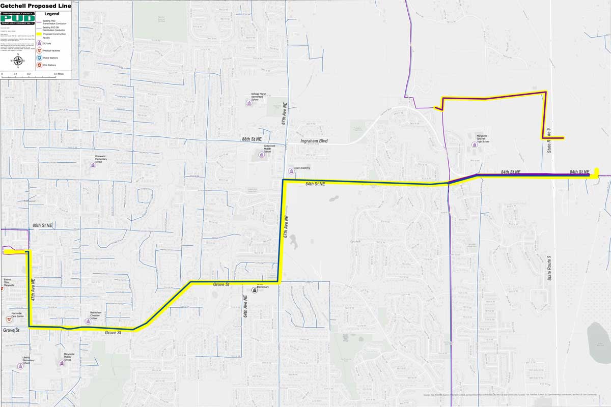 Map showing existing and proposed lines for Getchell area