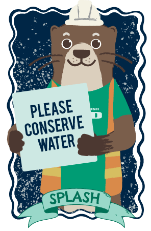 PUD Water mascot otter, Splash, holding sign that says "Please conserve water"