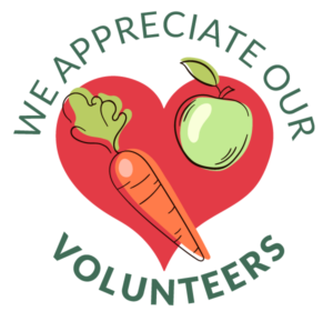 Heart icon with carrot and apple that says "we appreciate our volunteers"
