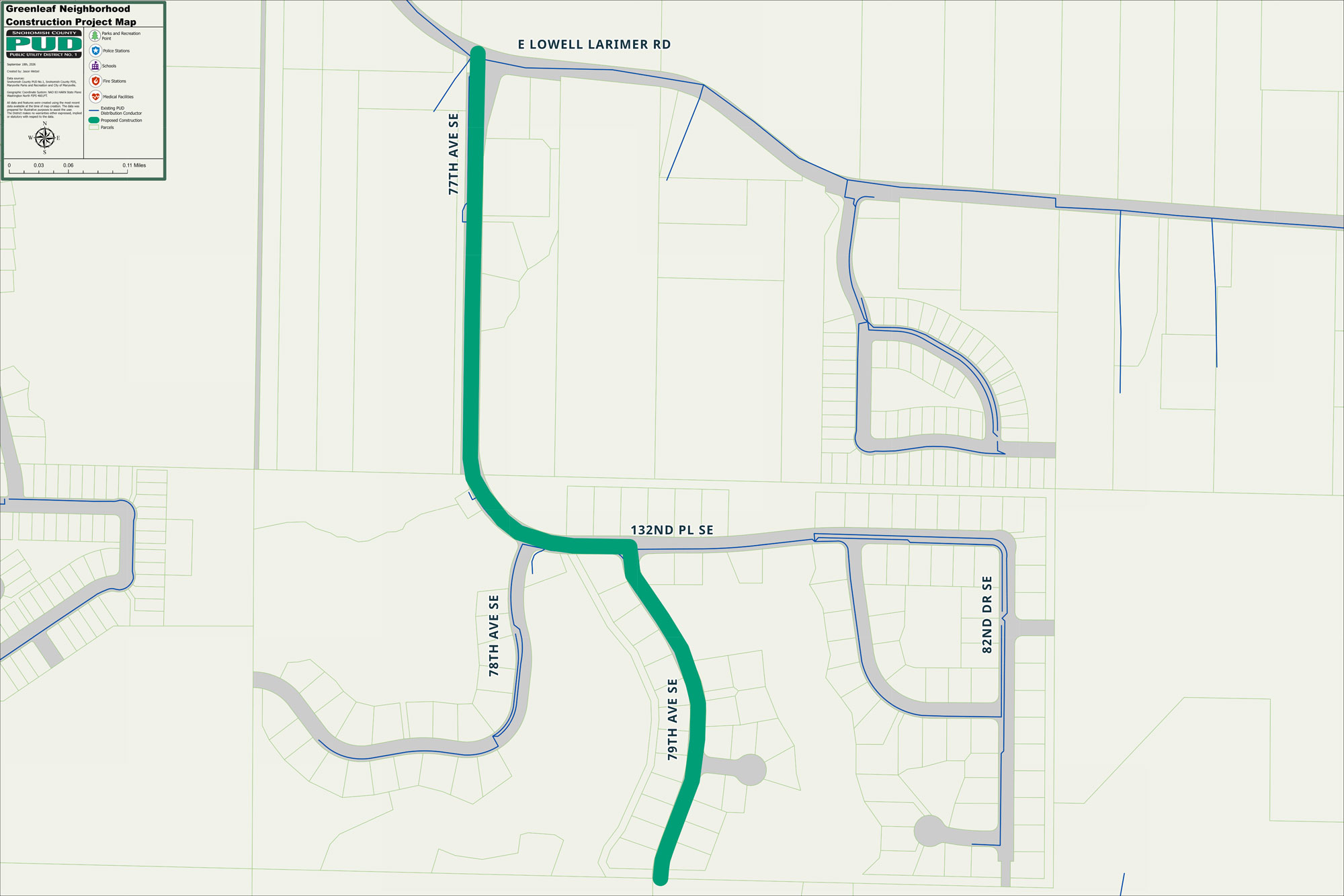 Map of the Greenleaf Neighborhood utility construction project area. Construction area is shown in green, extending south from East Lowell Larimer Road along 77th Avenue SE, turning east near 132nd Place SE, then continuing south along 79th Avenue SE. Nearby streets shown include 78th Avenue SE, 82nd Drive SE, and surrounding neighborhood roads.