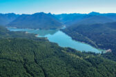 Beautiful aerial view of Spada Reservoir and the forests around it.