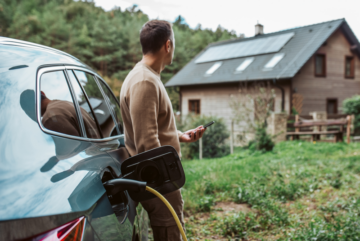 Man charging electric vehicle in front of solar home, rural forested location
