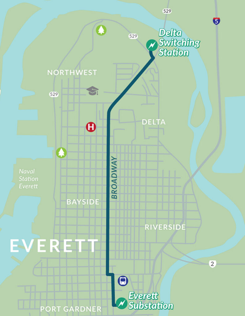 Map showing location of Everett Delta transmission line from Delta Switching Station to Everett Substation.